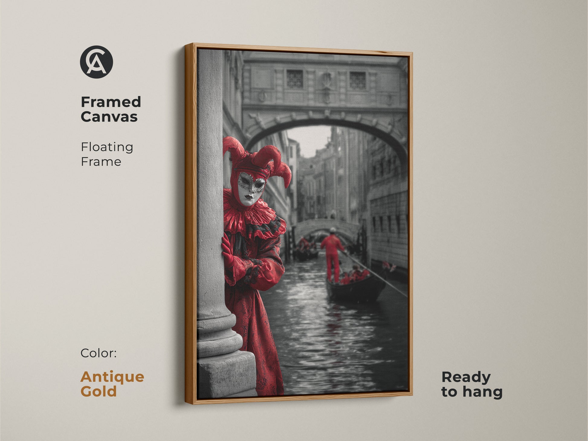 The antique gold frame elevates this Venice Carnival canvas print. See the Red jester costume art. Theatrical wall art in this print shows the Gondola canal in Venice. Ready to hang masquerade ball artwork features eclectic home decor.
