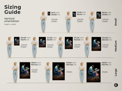 Sizing guide for abstract drummer artwork. Canvas and poster prints available in various sizes. Find the perfect fit for your space whether small medium or large enhance your eclectic home decor today