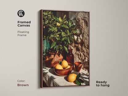 Transform your kitchen with this vibrant lemon and terracotta pottery canvas print. The yellow and green hues bring a Mediterranean touch. It is a perfect foodie housewarming gift for any home.