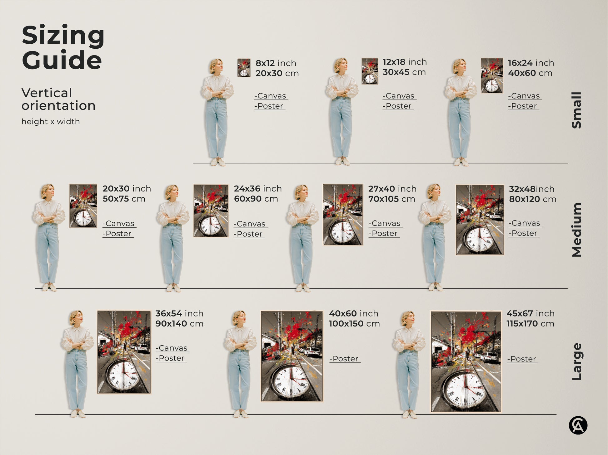 Sizing guide for the vertical orientation of the cityscape art print. Available in canvas and poster options. This guide shows sizes from small to large helping you choose the perfect fit for your space.