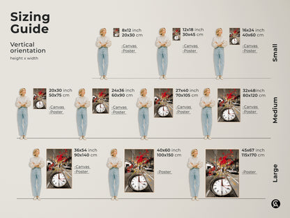 Sizing guide for the vertical orientation of the cityscape art print. Available in canvas and poster options. This guide shows sizes from small to large helping you choose the perfect fit for your space.