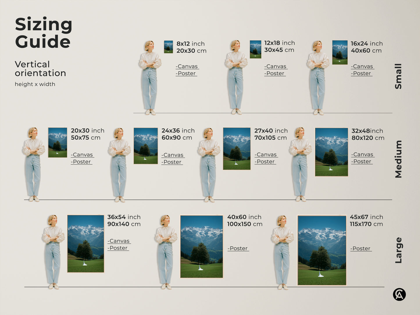 Sizing guide for vertical cinematic mountain art prints. Options include canvas and poster prints. Choose small medium or large sizes to fit your space. Find the perfect fine art landscape canvas featuring a bride figure. Dimensions listed in inches and centimeters. Customize your wall decor for a perfect display.