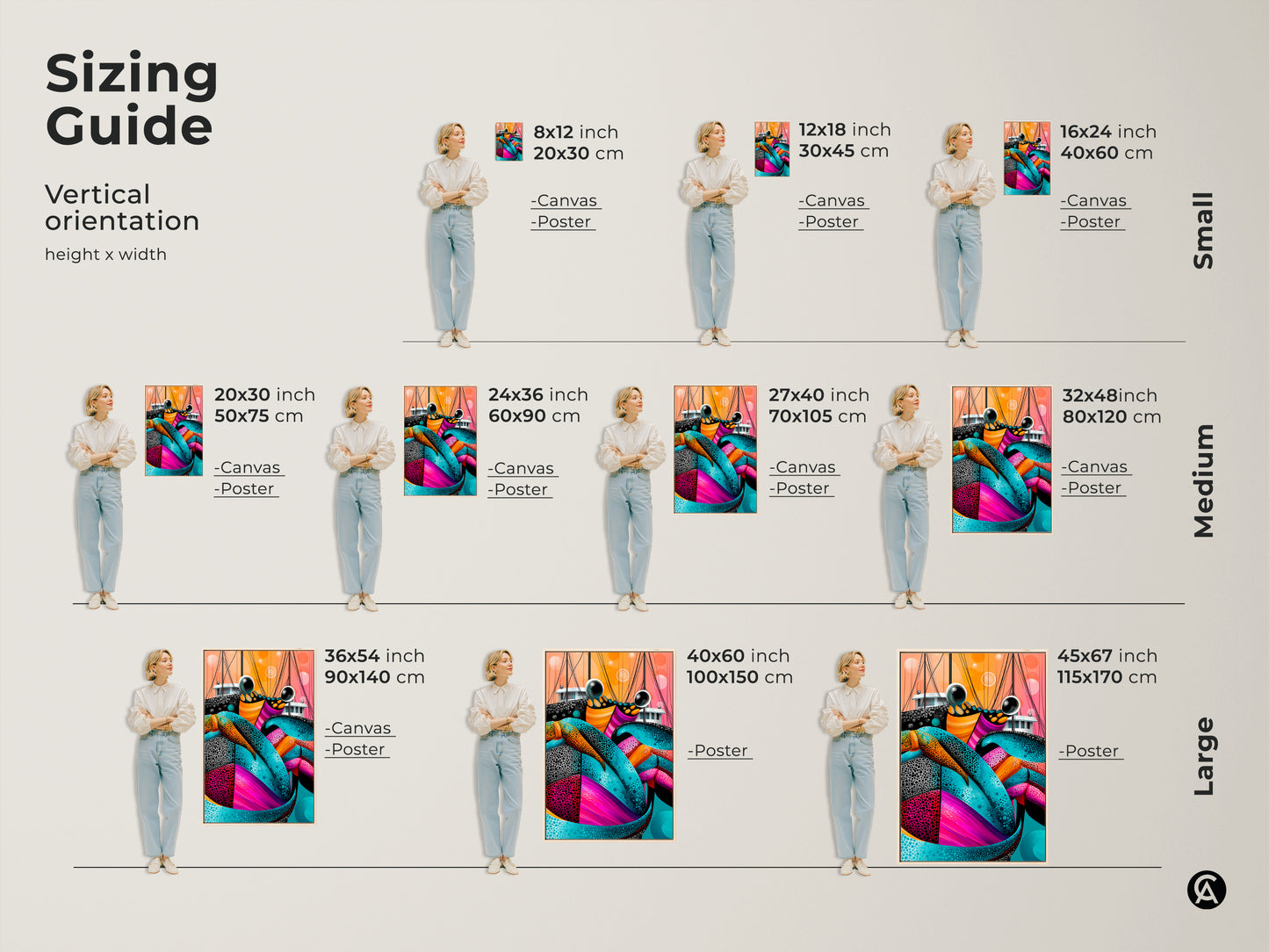 Sizing guide showcasing vertical abstract crab art. This shows canvas and poster options with models for size. This colorful marine life print features teal pink and orange tones. This art is perfect for any room. Decorate with nautical charm. It's ideal for eclectic homes.