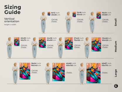 Sizing guide showcasing vertical abstract crab art. This shows canvas and poster options with models for size. This colorful marine life print features teal pink and orange tones. This art is perfect for any room. Decorate with nautical charm. It's ideal for eclectic homes.