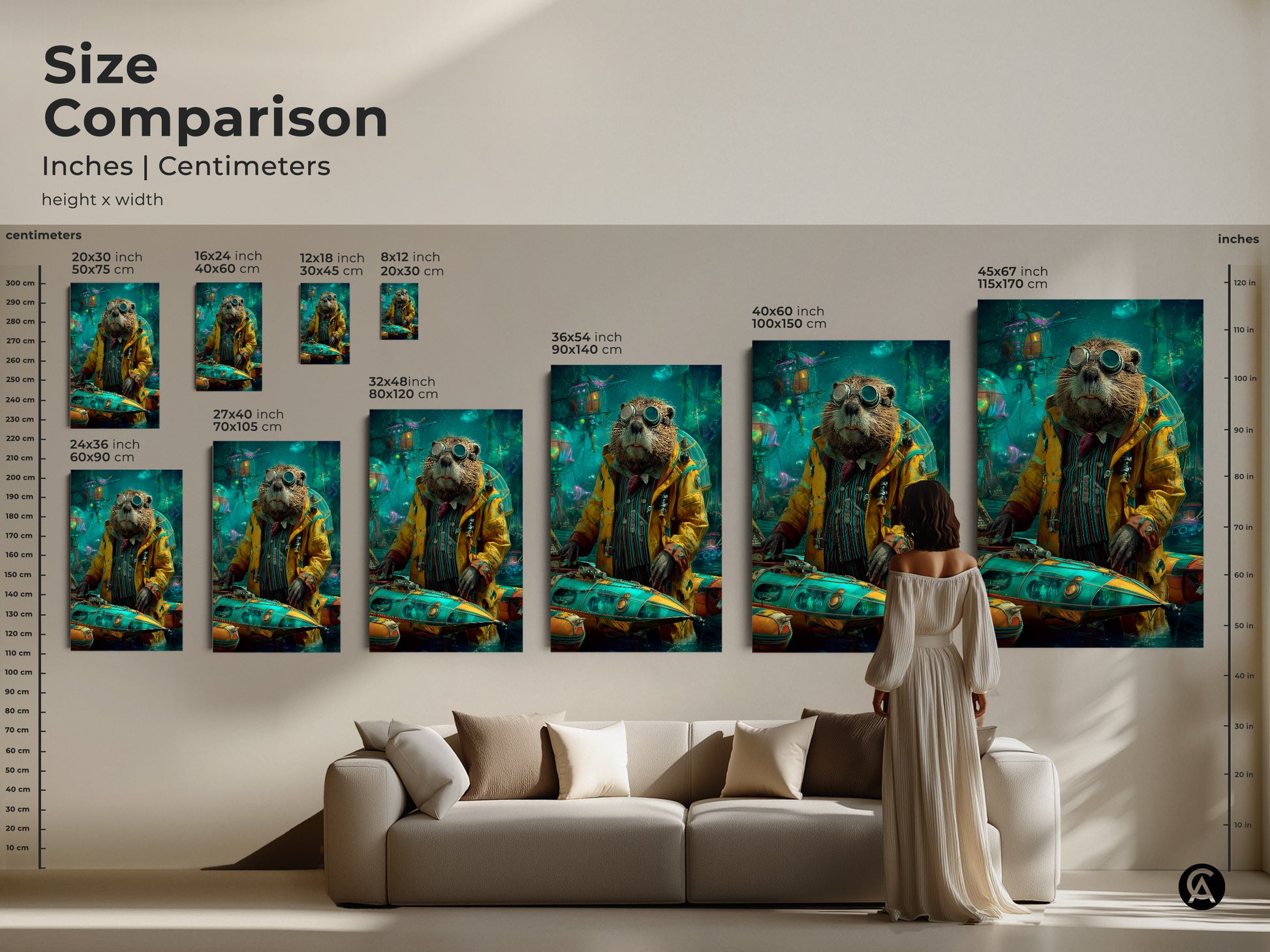 Compare sizes of the steampunk otter prints with our size chart. This adventure animal artwork makes a statement in any room. The teal yellow tones complement various decor styles. The submarine art enhances your space.