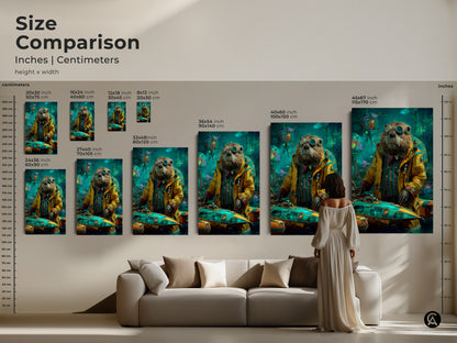 Compare sizes of the steampunk otter prints with our size chart. This adventure animal artwork makes a statement in any room. The teal yellow tones complement various decor styles. The submarine art enhances your space.