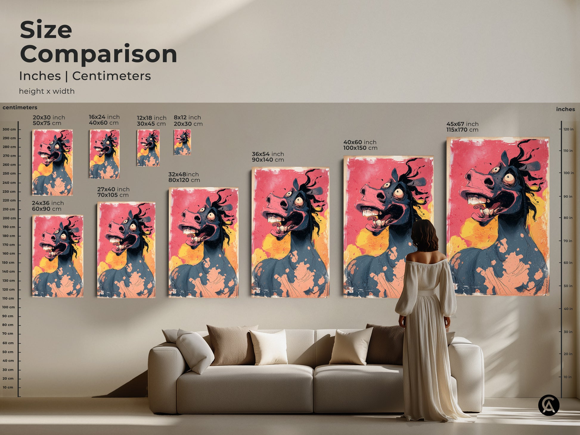 See a size comparison of cartoon horse art. View the inches and centimeters for each canvas. The grotesque animal print is perfect for any room. It is ideal for eclectic and vibrant decor.