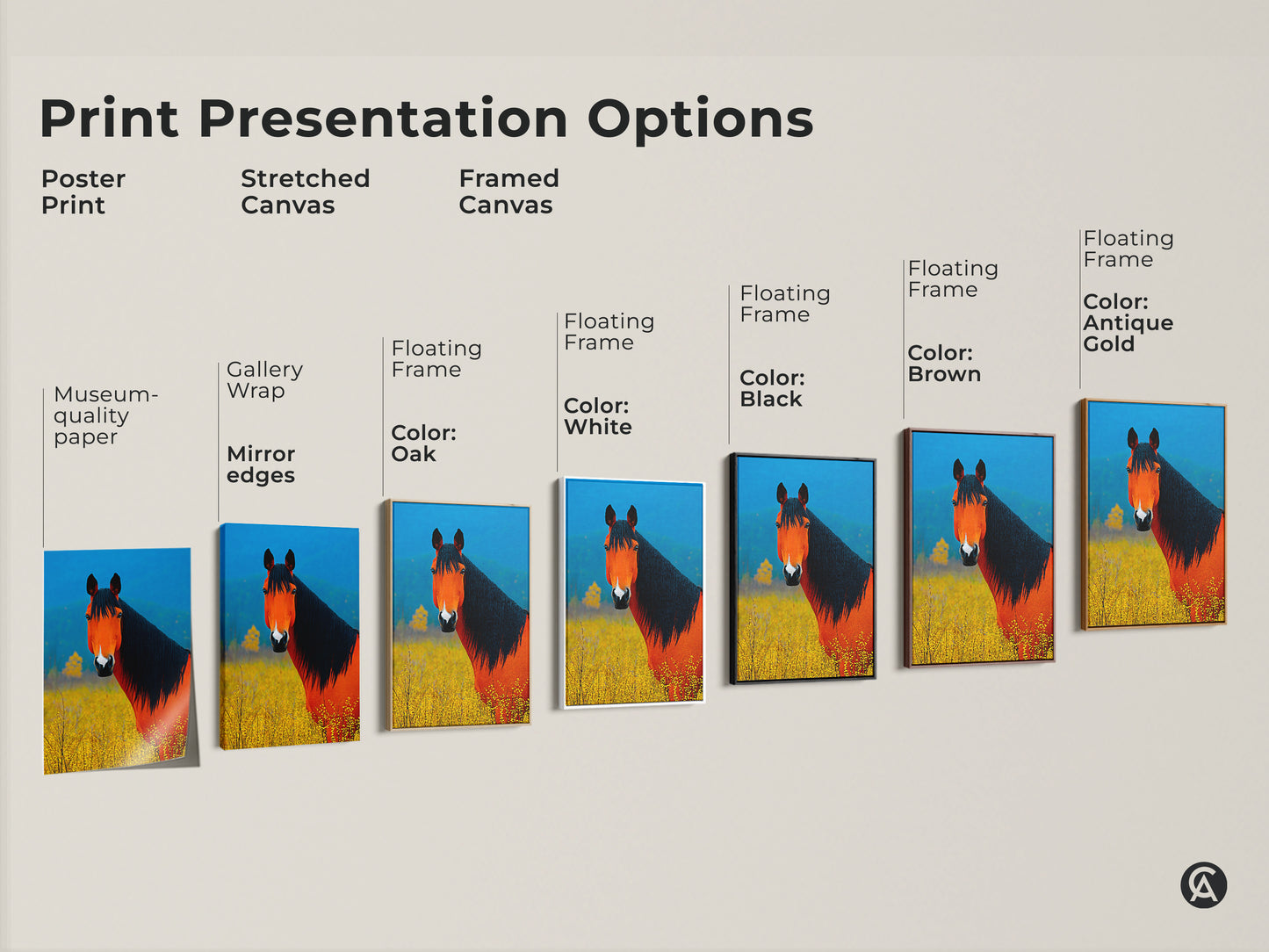 Explore print presentation options for the orange and blue horse artwork. Choose from poster prints stretched canvas and framed canvas. Find the perfect match for your decor style. Add a touch of farmhouse charm