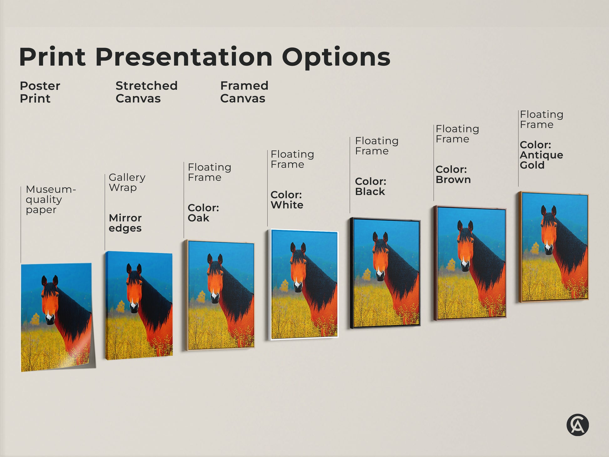 Explore print presentation options for the orange and blue horse artwork. Choose from poster prints stretched canvas and framed canvas. Find the perfect match for your decor style. Add a touch of farmhouse charm