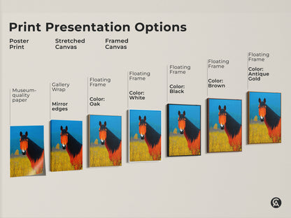 Explore print presentation options for the orange and blue horse artwork. Choose from poster prints stretched canvas and framed canvas. Find the perfect match for your decor style. Add a touch of farmhouse charm
