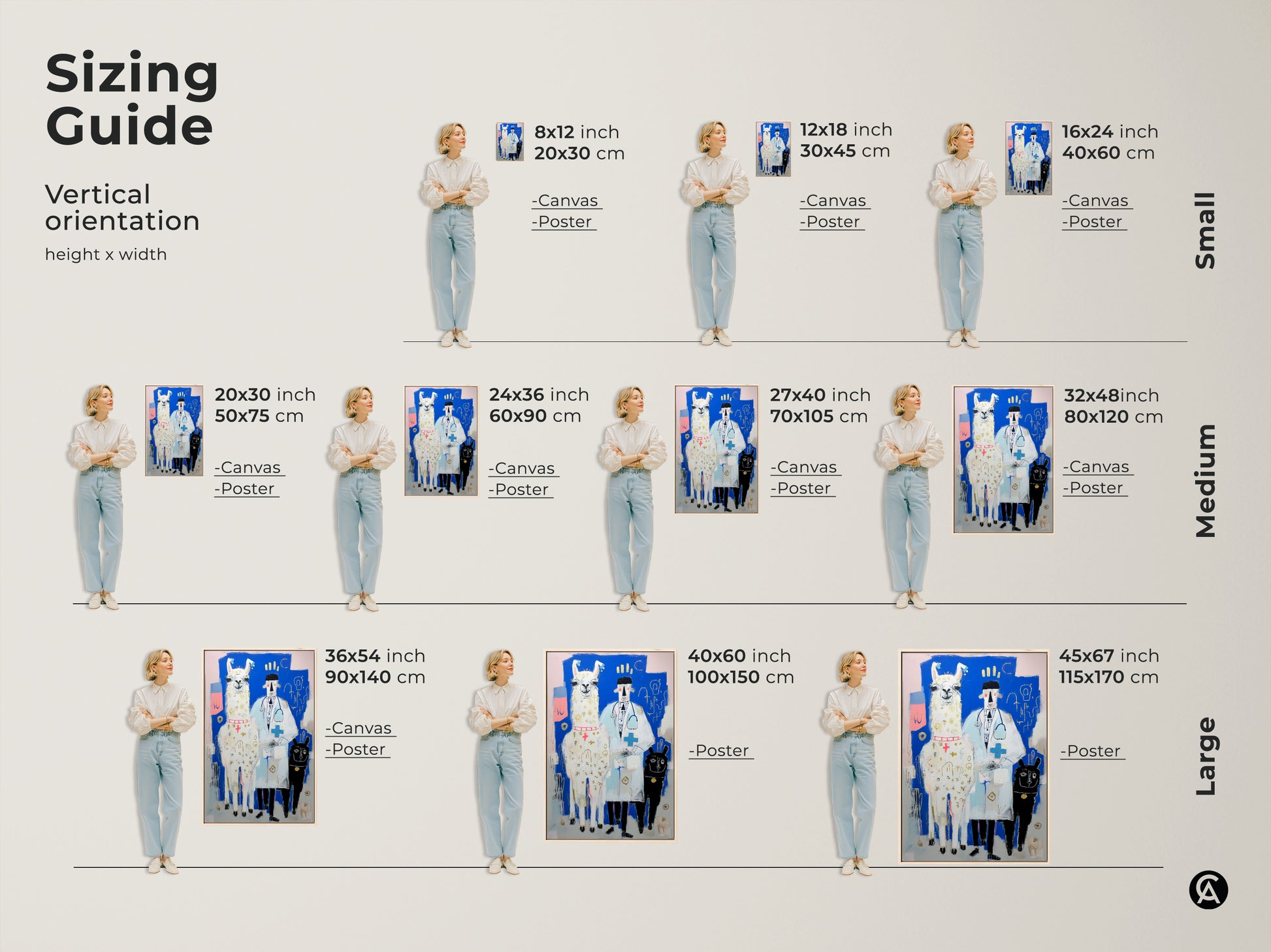 Sizing guide for the Llama Doctor canvas and poster art. This guide shows the vertical orientation for various sizes. Find the perfect fit for your space from small to large dimensions.