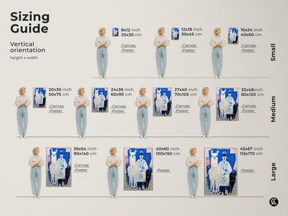 Sizing guide for the Llama Doctor canvas and poster art. This guide shows the vertical orientation for various sizes. Find the perfect fit for your space from small to large dimensions.