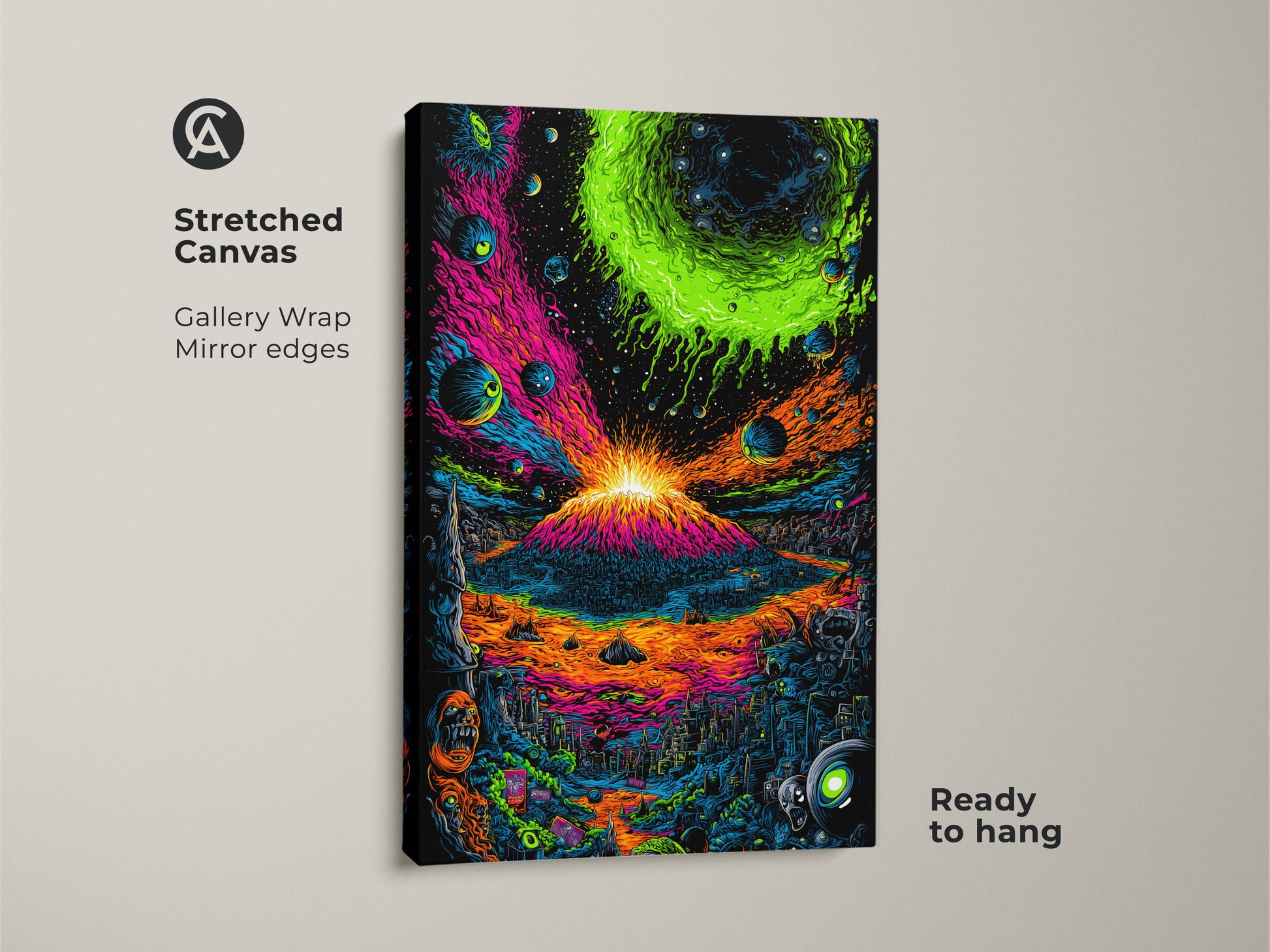 Stretched canvas of a psychedelic volcano art print. This gallery-wrapped canvas features mirror edges. The artwork showcases a volcano erupting into a colorful cosmos. It is ready to hang and will enhance any room.