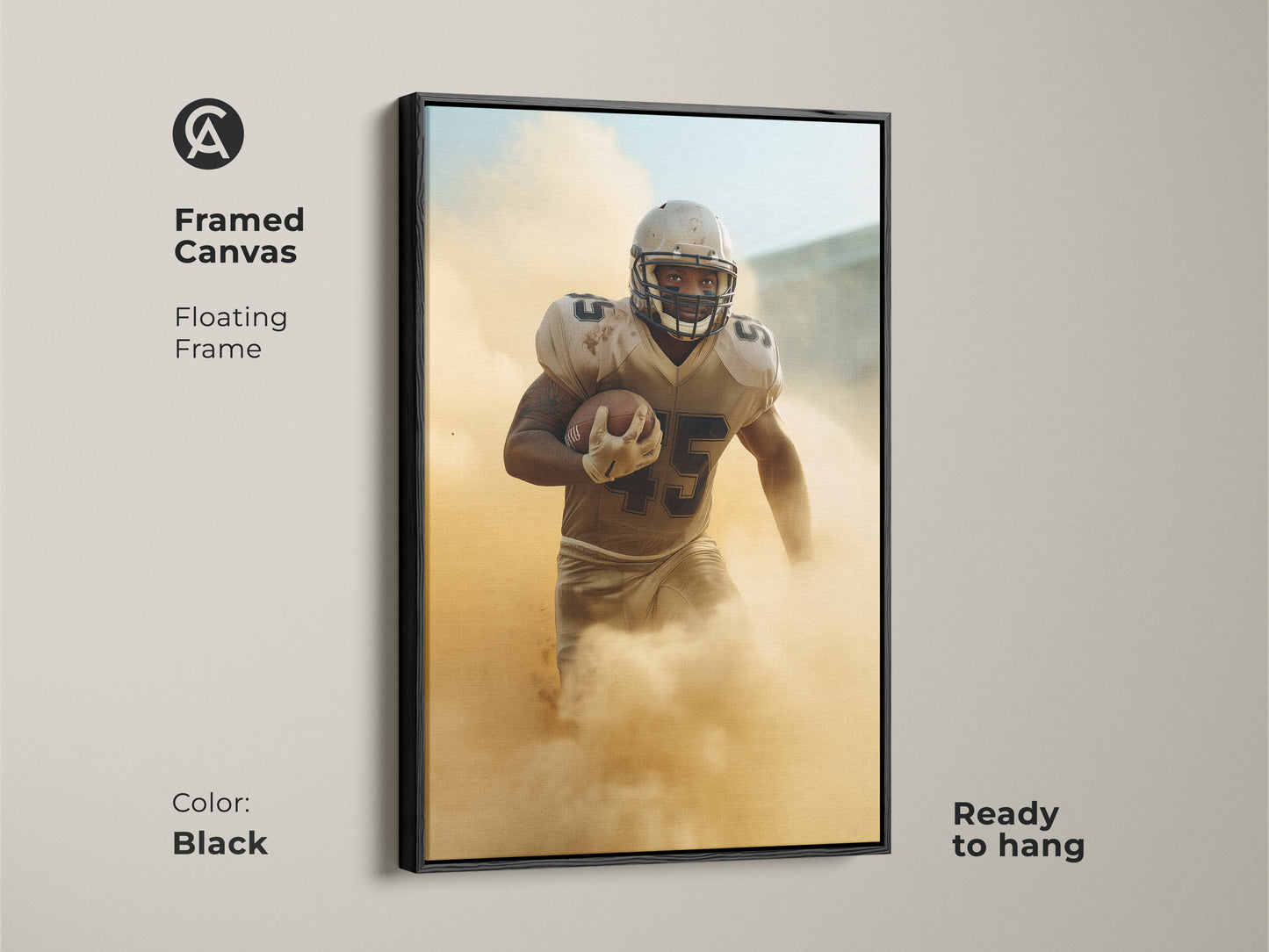 A framed canvas art piece shows a football player in action. The floating frame adds a touch of elegance to this modern sports artwork. Ready to hang and colored in black this piece is perfect for game rooms and sports-themed spaces.