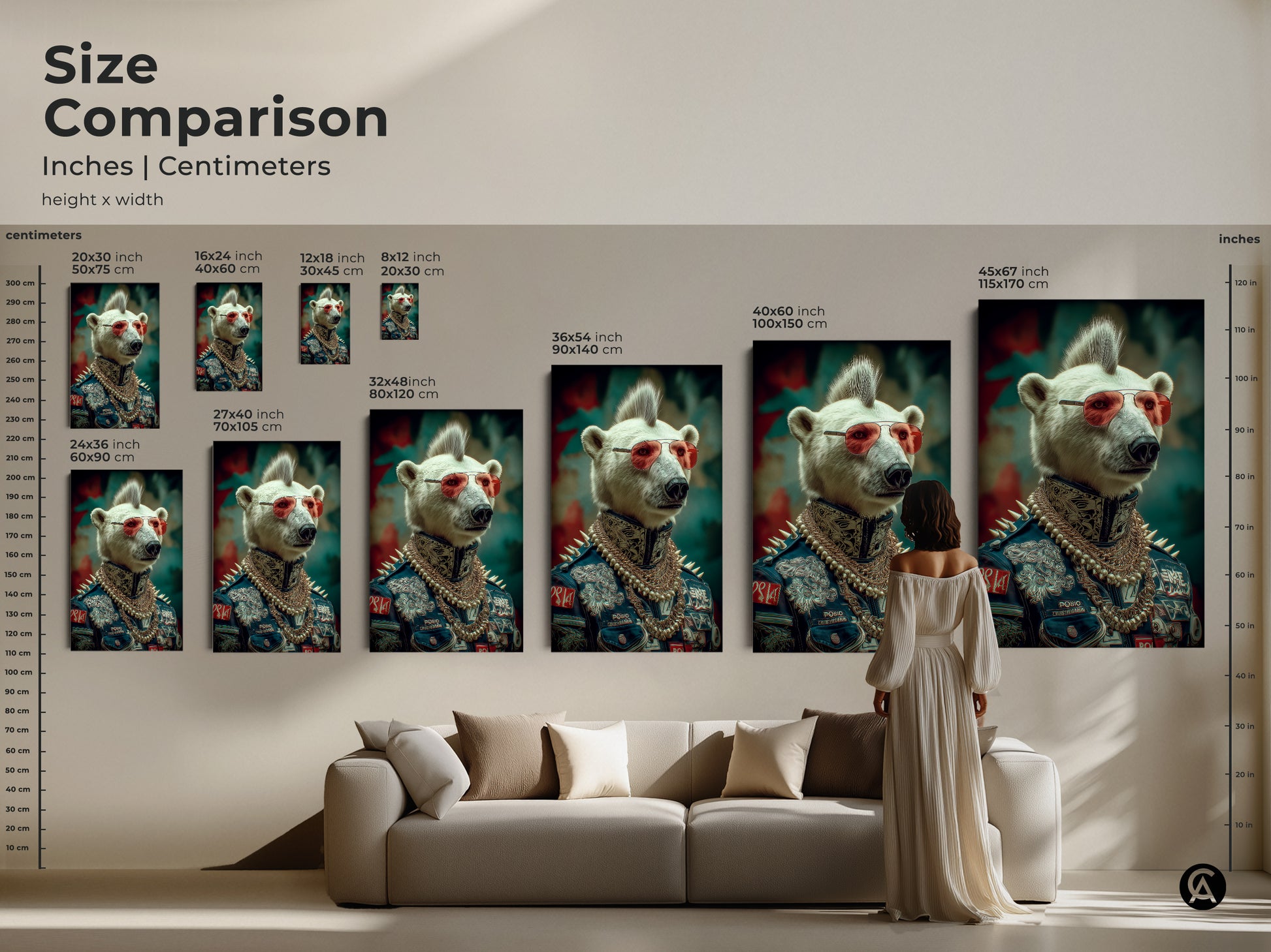 The size comparison chart features a polar bear punk rocker art piece. The person in the photo shows the size of the navy red teal canvas art. The art makes an eclectic wall hanging over any sofa.