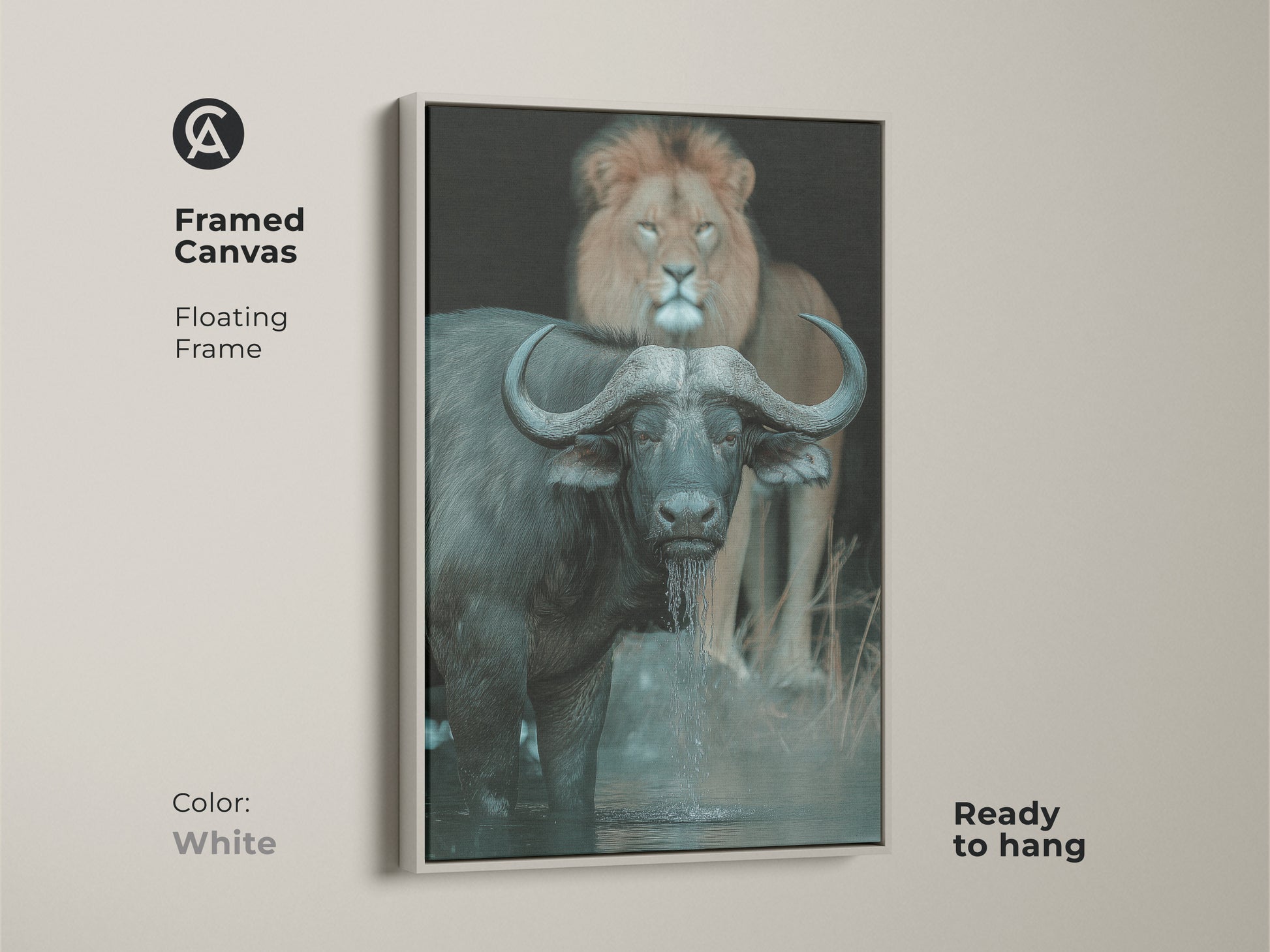 This framed canvas features a buffalo and lion wildlife scene. The white floating frame enhances this ready-to-hang animal artwork. Ideal for study or office decor this African wildlife print brings nature indoors. The deep browns and greys add a dramatic touch. A perfect gift for nature and animal art enthusiasts.