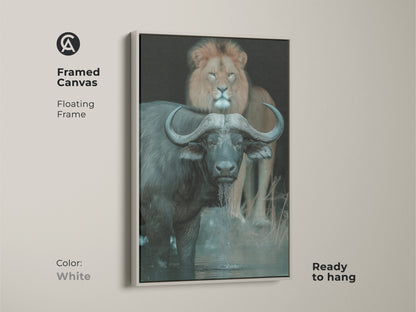 This framed canvas features a buffalo and lion wildlife scene. The white floating frame enhances this ready-to-hang animal artwork. Ideal for study or office decor this African wildlife print brings nature indoors. The deep browns and greys add a dramatic touch. A perfect gift for nature and animal art enthusiasts.