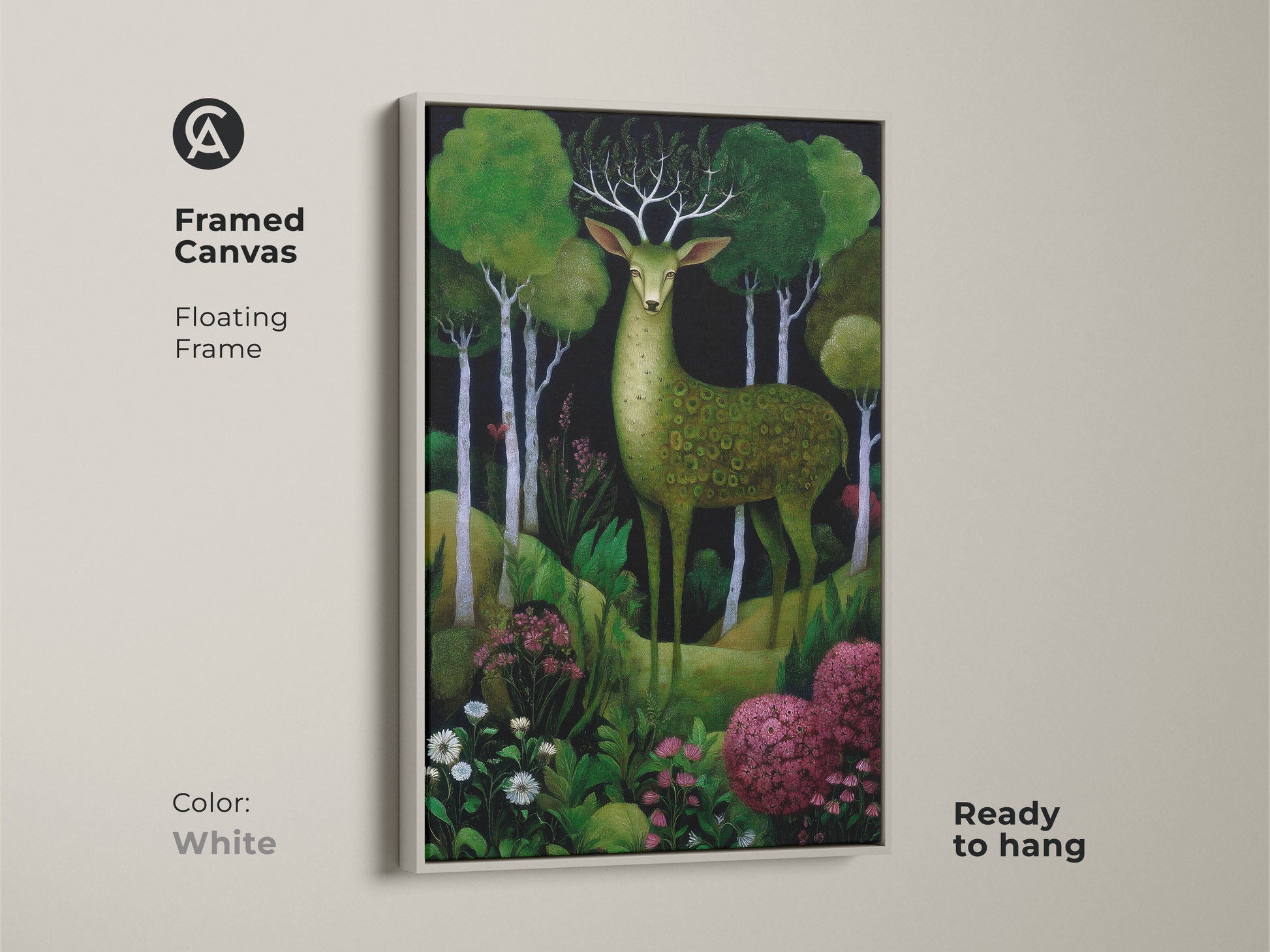 Framed canvas with a white floating frame showcasing a green deer forest artwork. This boho woodland animals canvas offers emerald green nature wall decor. Ready to hang art.
