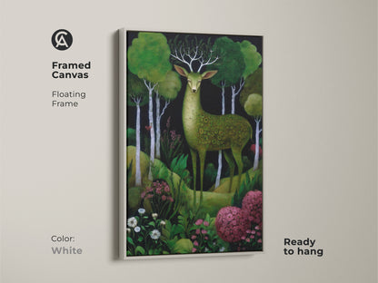 Framed canvas with a white floating frame showcasing a green deer forest artwork. This boho woodland animals canvas offers emerald green nature wall decor. Ready to hang art.