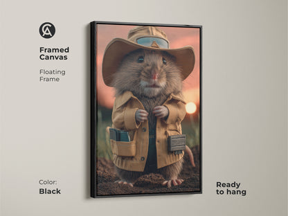 Black framed canvas featuring a whimsical mouse explorer art print. Ready to hang this unique animal wall art adds character to any eclectic space. Perfect for study rooms and animal lovers.