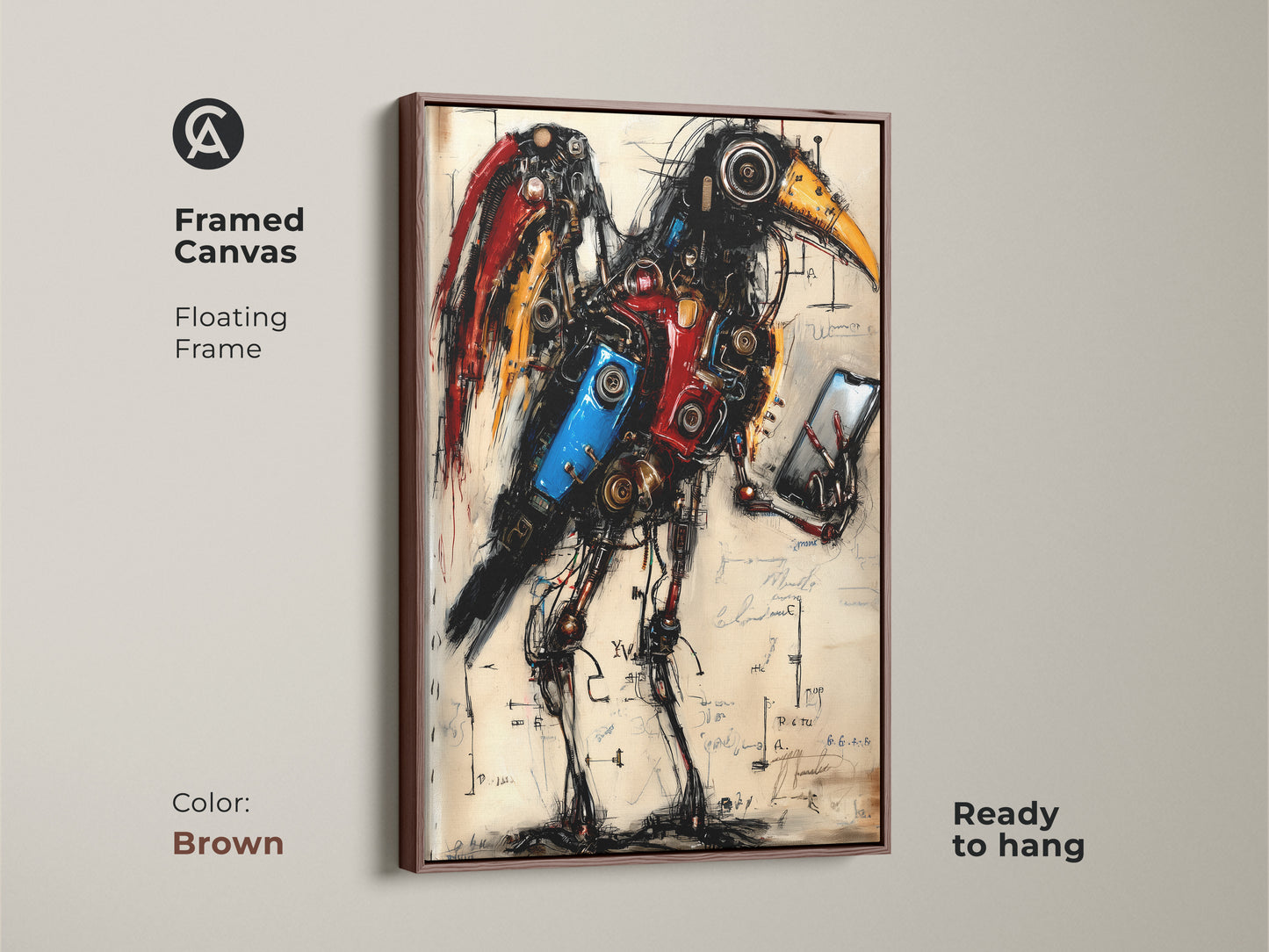 Framed canvas of a Steampunk Mechanical Bird with a brown frame. This unique fantasy artwork is ideal for any office. This artwork has a distinctive wall art style. A creative workspace art that will be sure to turn heads.