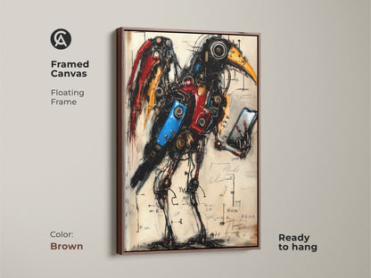 Framed canvas of a Steampunk Mechanical Bird with a brown frame. This unique fantasy artwork is ideal for any office. This artwork has a distinctive wall art style. A creative workspace art that will be sure to turn heads.