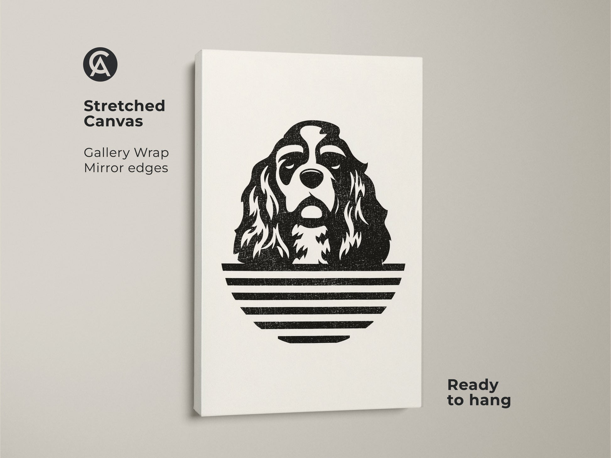 Stretched canvas featuring minimalist Cavalier King Charles Spaniel art. The gallery wrap showcases a black and white dog print. It's a modern pet portrait for dog lovers. This wall art is ready to hang.