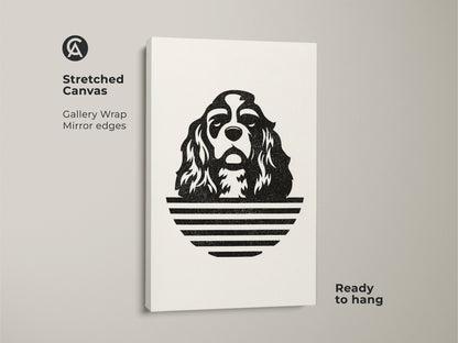 Stretched canvas featuring minimalist Cavalier King Charles Spaniel art. The gallery wrap showcases a black and white dog print. It's a modern pet portrait for dog lovers. This wall art is ready to hang.