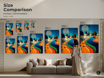 Abstract ocean art in eclectic modern style combines vibrant beach colors with deep blues and oranges. This coastal home decor is perfect as a housewarming gift. Ocean waves swirling skies and unique wall hangings are great living room accents.