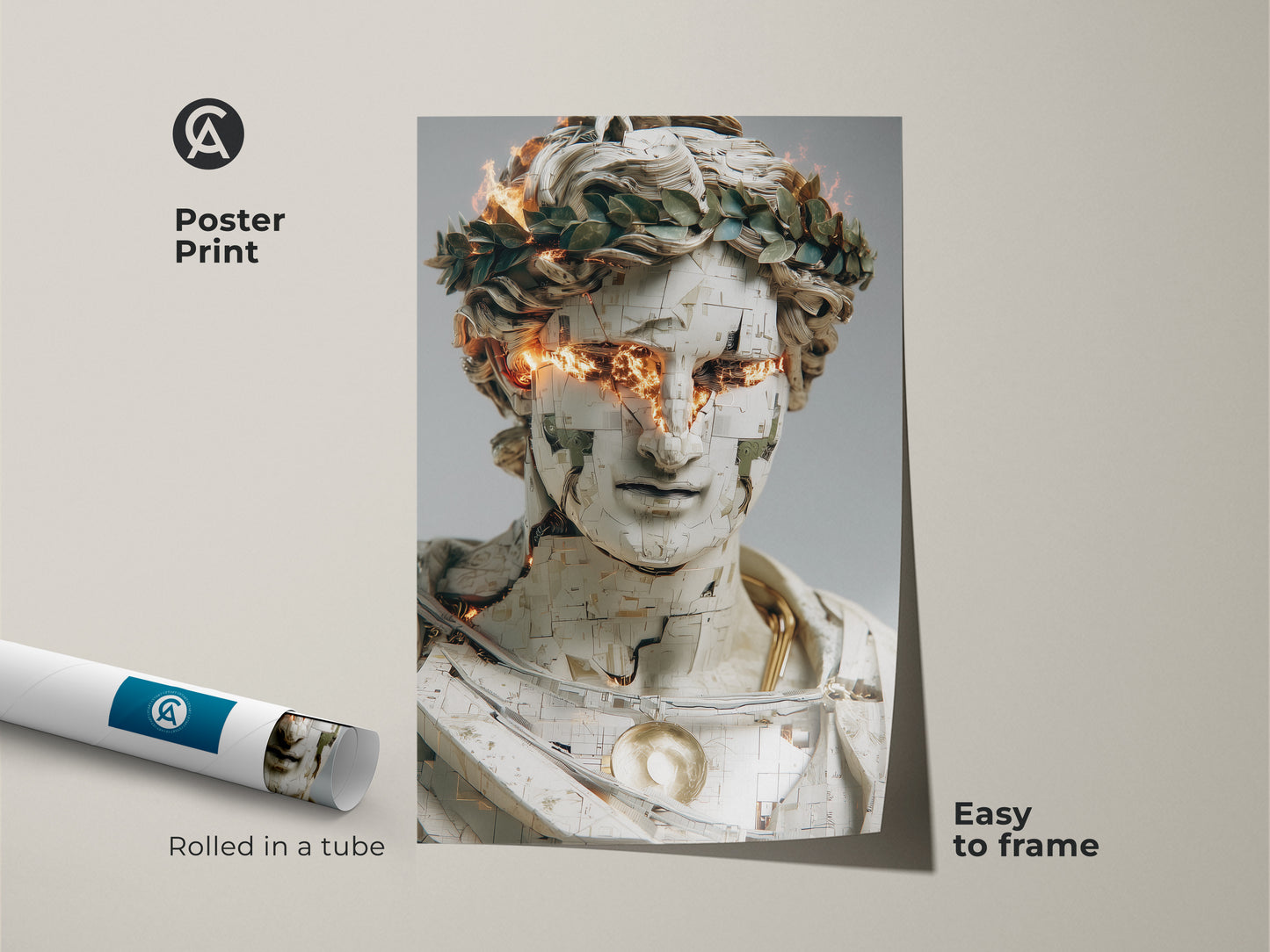 Poster print of a contemporary abstract bust with gold orange fire eyes art. Easy to frame this unique digital painting enhances any room. Rolled in a tube this modern conceptual artwork makes a great gift for tech enthusiasts and adds an artistic flair to your space.