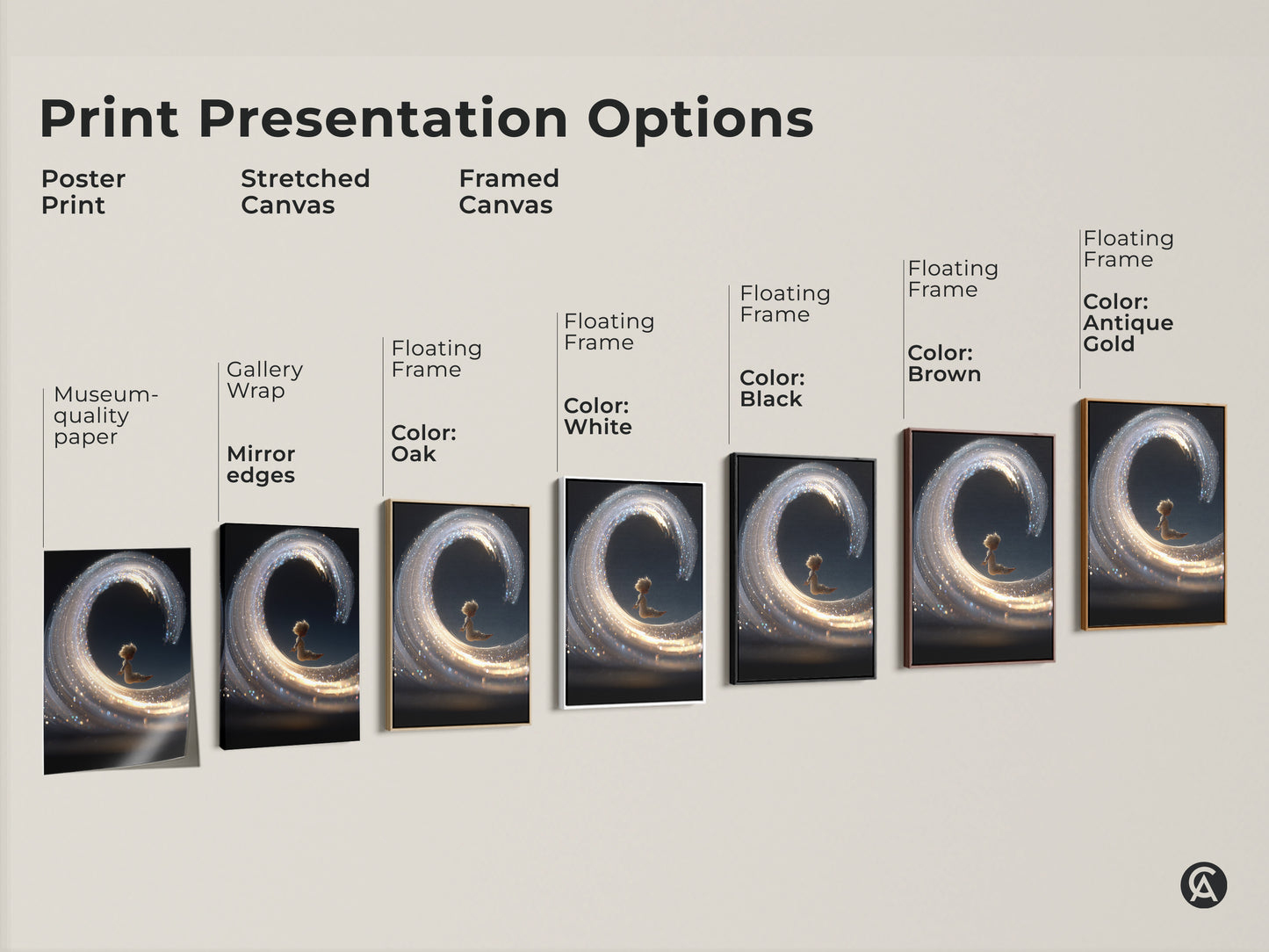 Explore print presentation options for fantasy wall art. Choose from poster prints stretched canvases and framed canvases. Find the perfect style to showcase a child riding a sparkling light wave. Various frame colors available including black brown and antique gold. Enhance your home decor today.