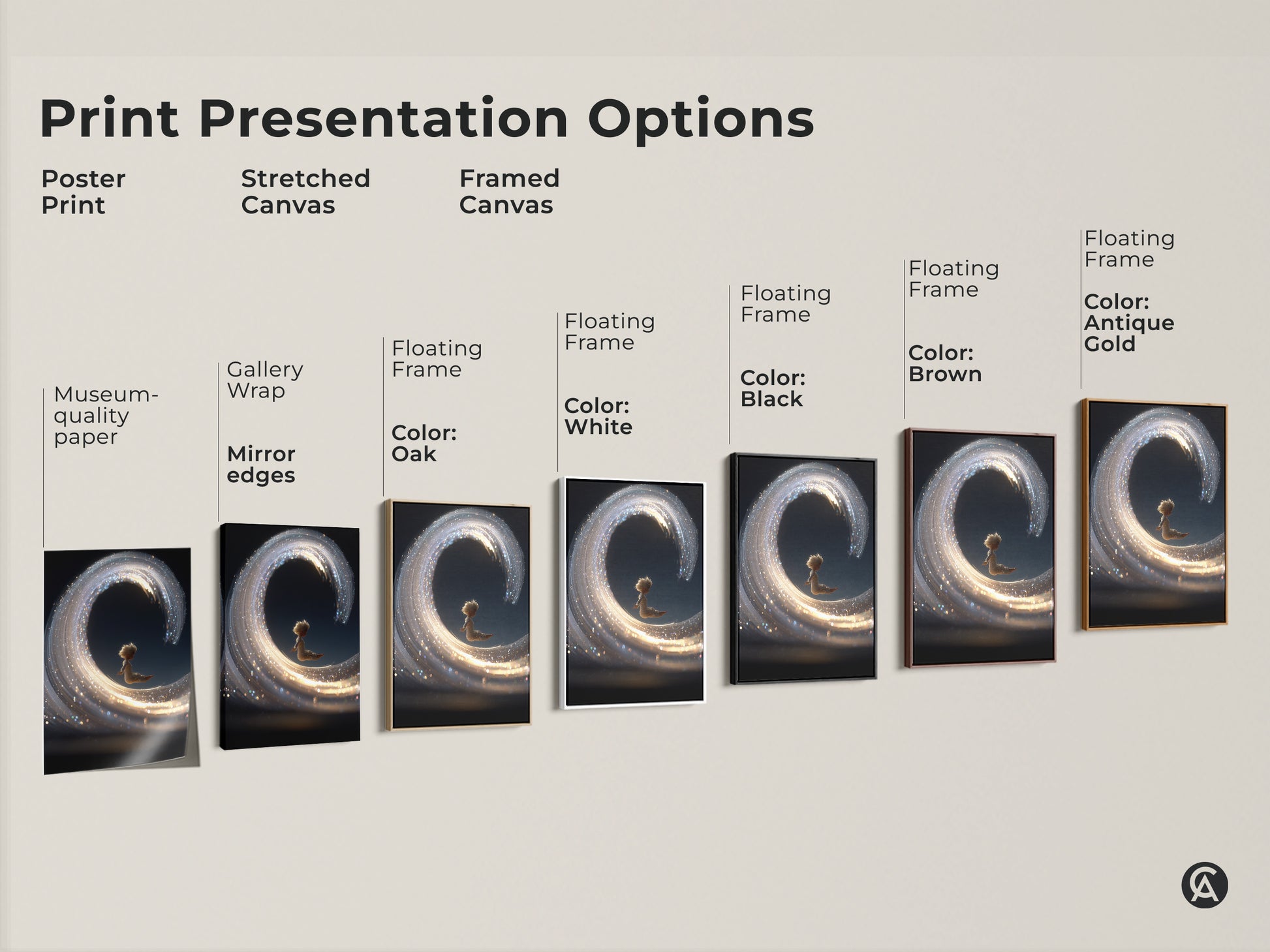 Explore print presentation options for fantasy wall art. Choose from poster prints stretched canvases and framed canvases. Find the perfect style to showcase a child riding a sparkling light wave. Various frame colors available including black brown and antique gold. Enhance your home decor today.