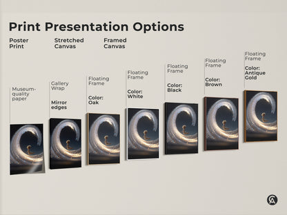 Explore print presentation options for fantasy wall art. Choose from poster prints stretched canvases and framed canvases. Find the perfect style to showcase a child riding a sparkling light wave. Various frame colors available including black brown and antique gold. Enhance your home decor today.