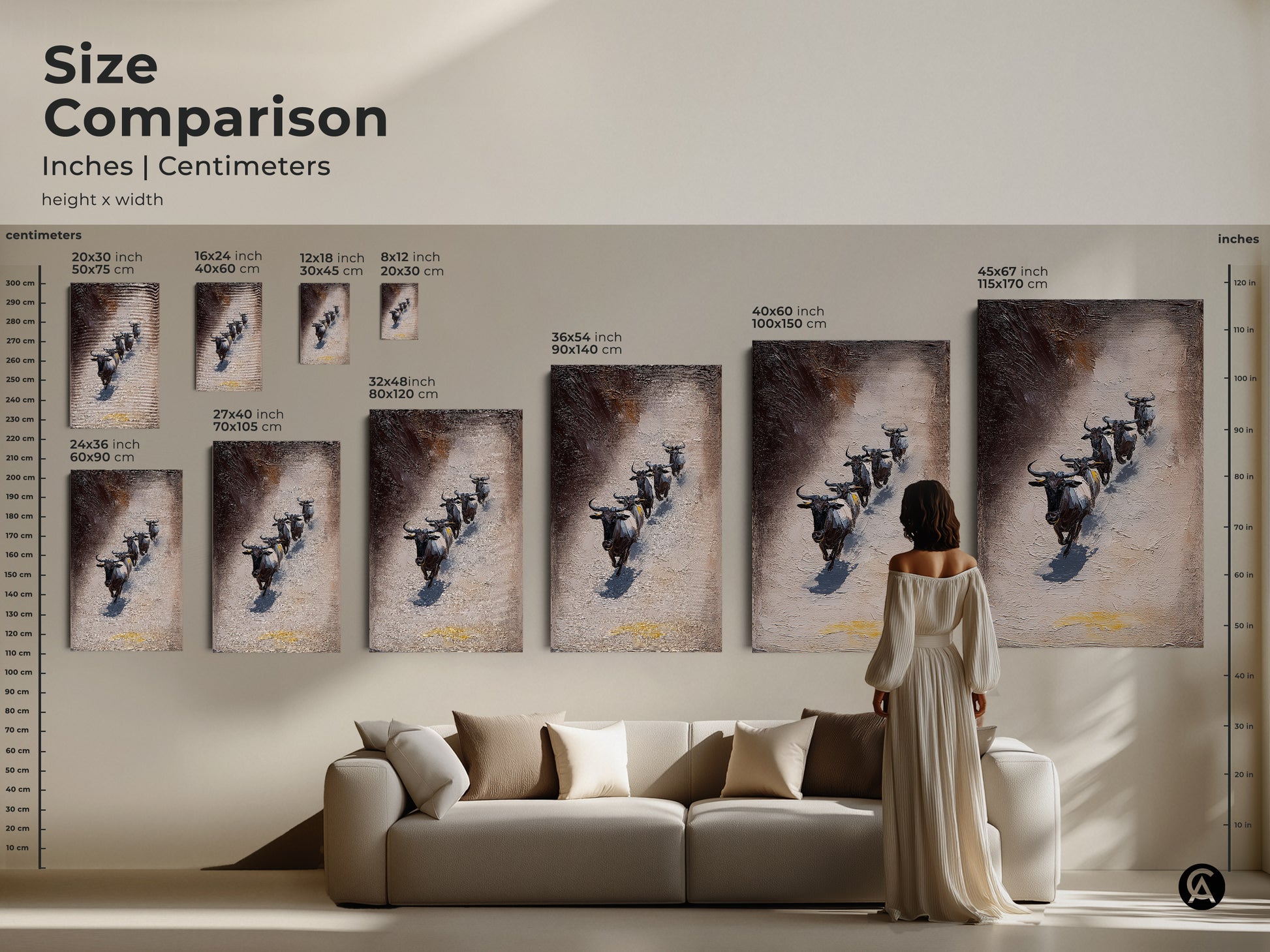 Size comparison of Wildebeest art in a living room setting. See how the textured African wildlife canvas looks above a couch. It is available in various sizes. Visualize the impact of this impressionistic animal artwork on your home decor. Choose the perfect size for your space.