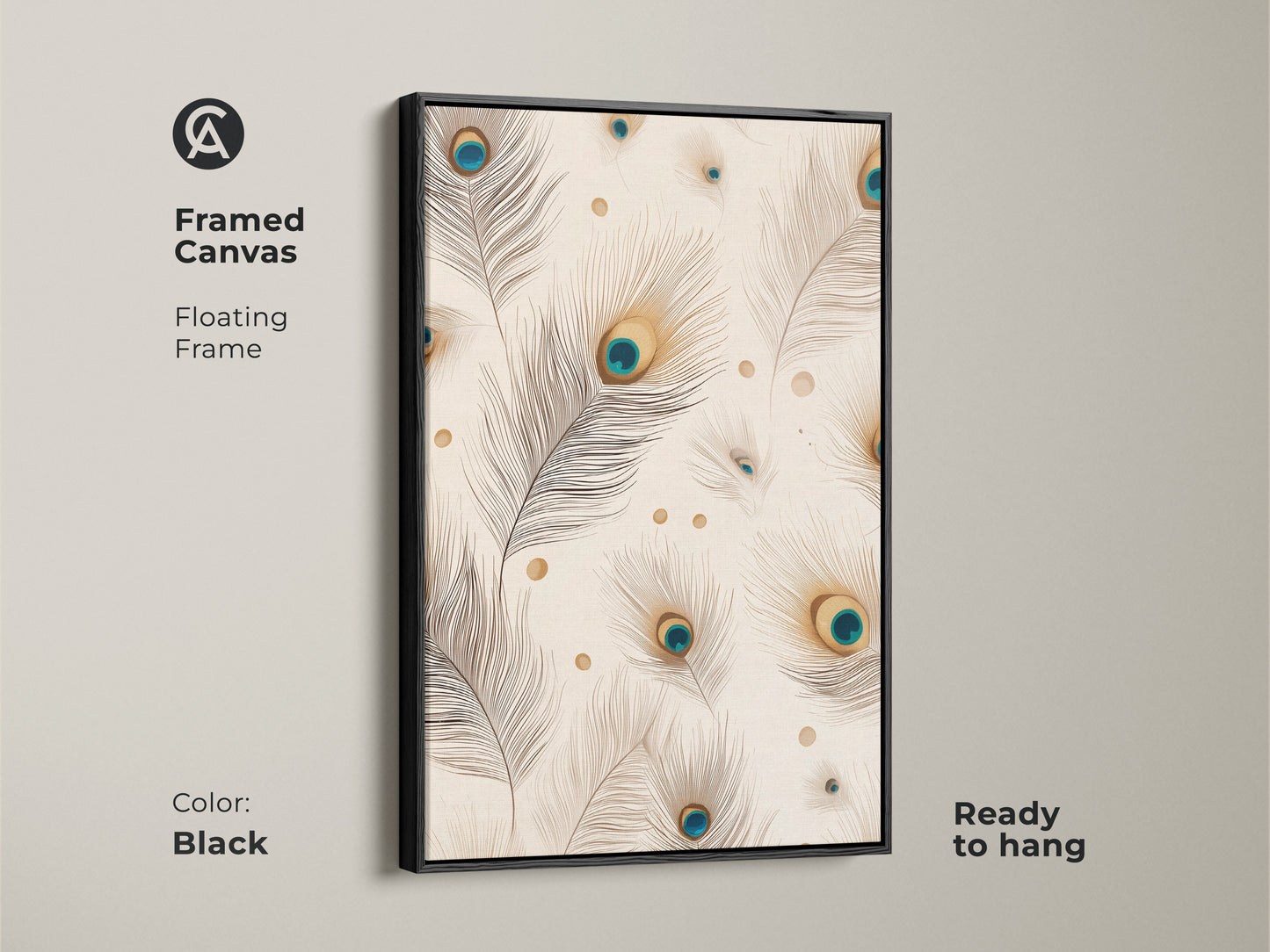 A framed canvas showcasing boho abstract wall art. The floating frame is black. It's a minimalist peacock feather artwork with teal and gold accents. Ready to hang and enjoy.