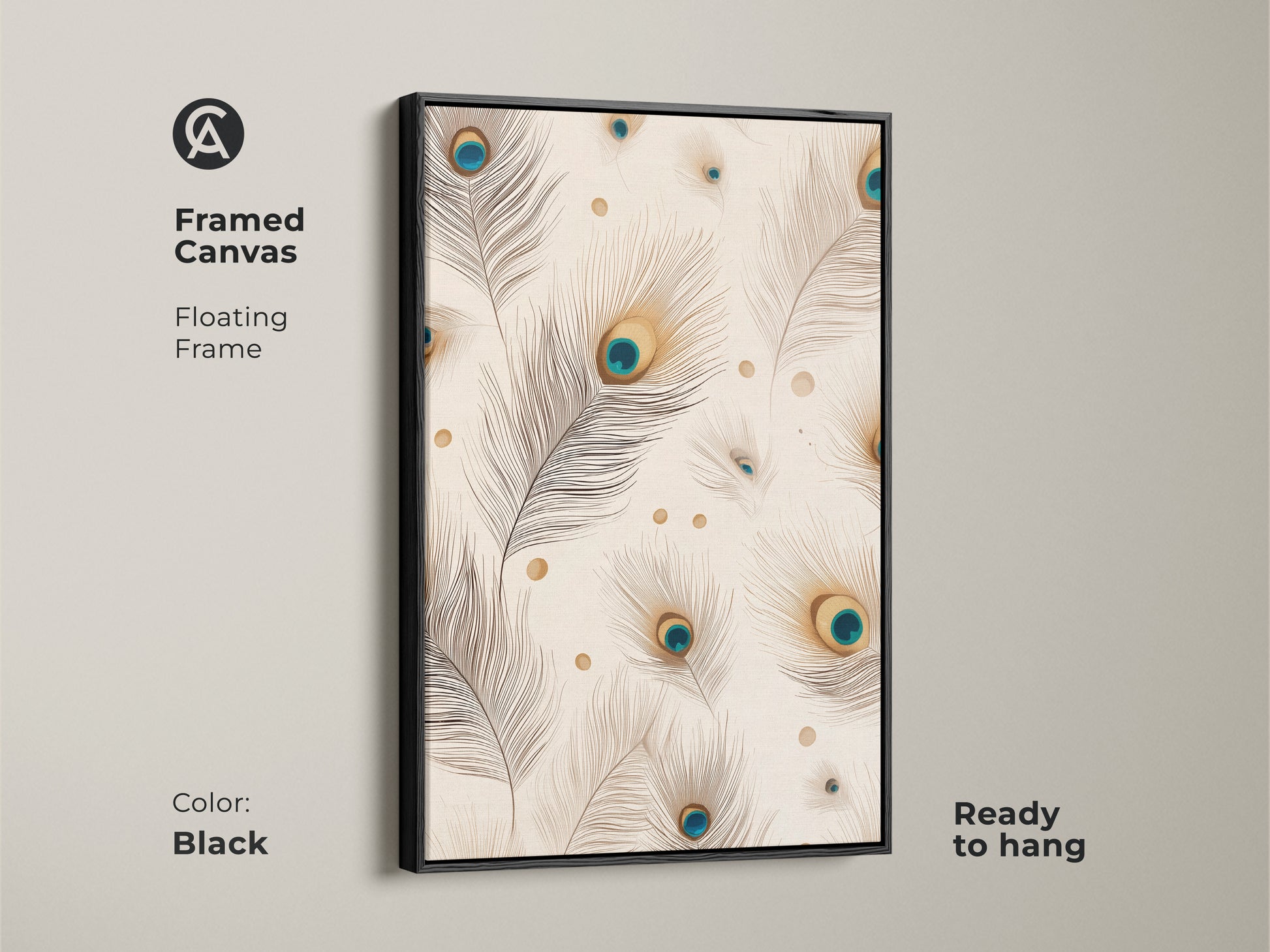 A framed canvas showcasing boho abstract wall art. The floating frame is black. It's a minimalist peacock feather artwork with teal and gold accents. Ready to hang and enjoy.