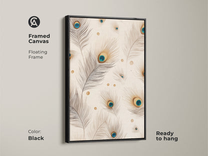 A framed canvas showcasing boho abstract wall art. The floating frame is black. It's a minimalist peacock feather artwork with teal and gold accents. Ready to hang and enjoy.
