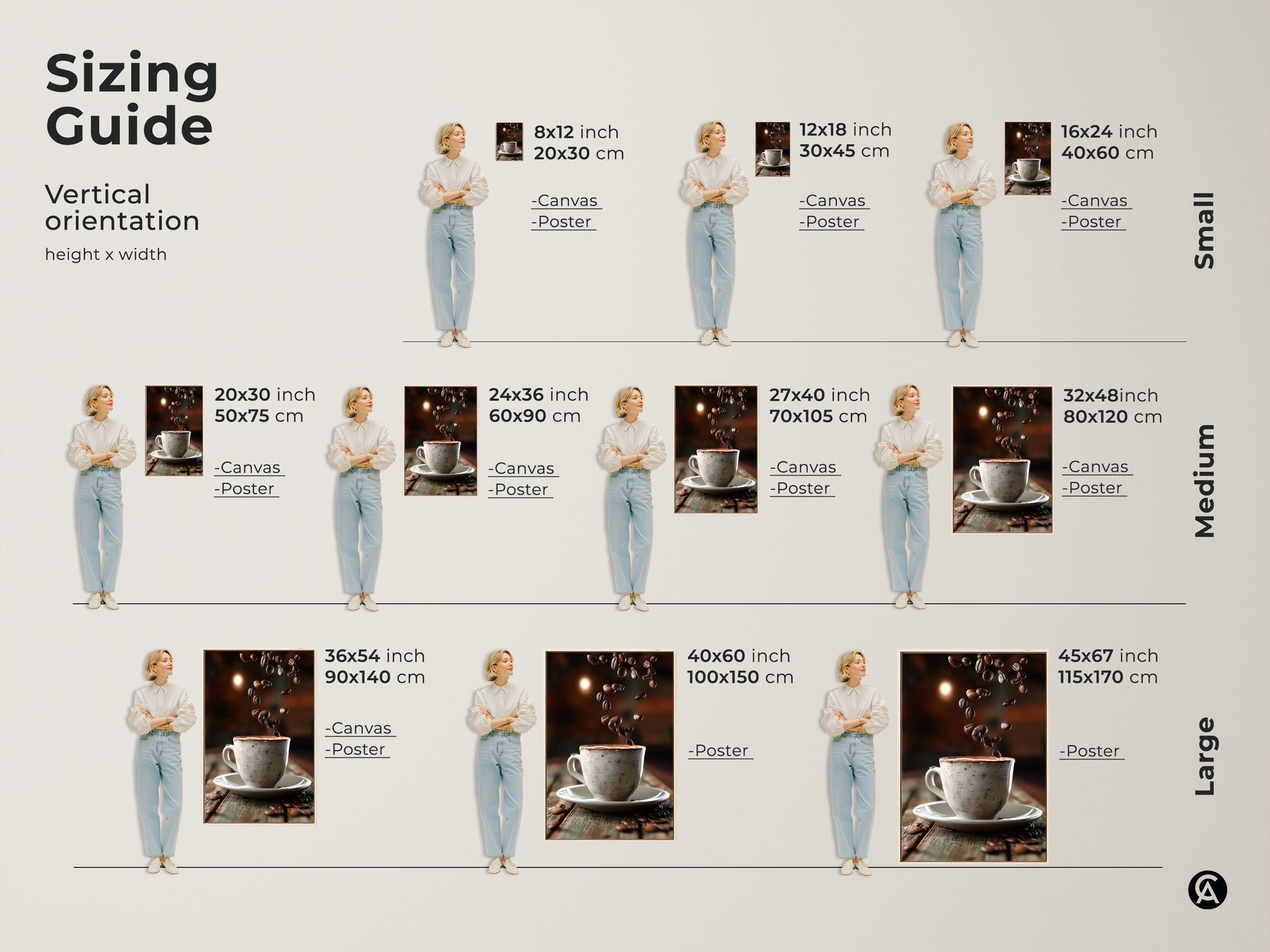 Sizing guide for vertical coffee cup art. Available as canvas or poster. See how 8x12 to 45x67 inch sizes fit. Visualize the art in small medium and large formats.
