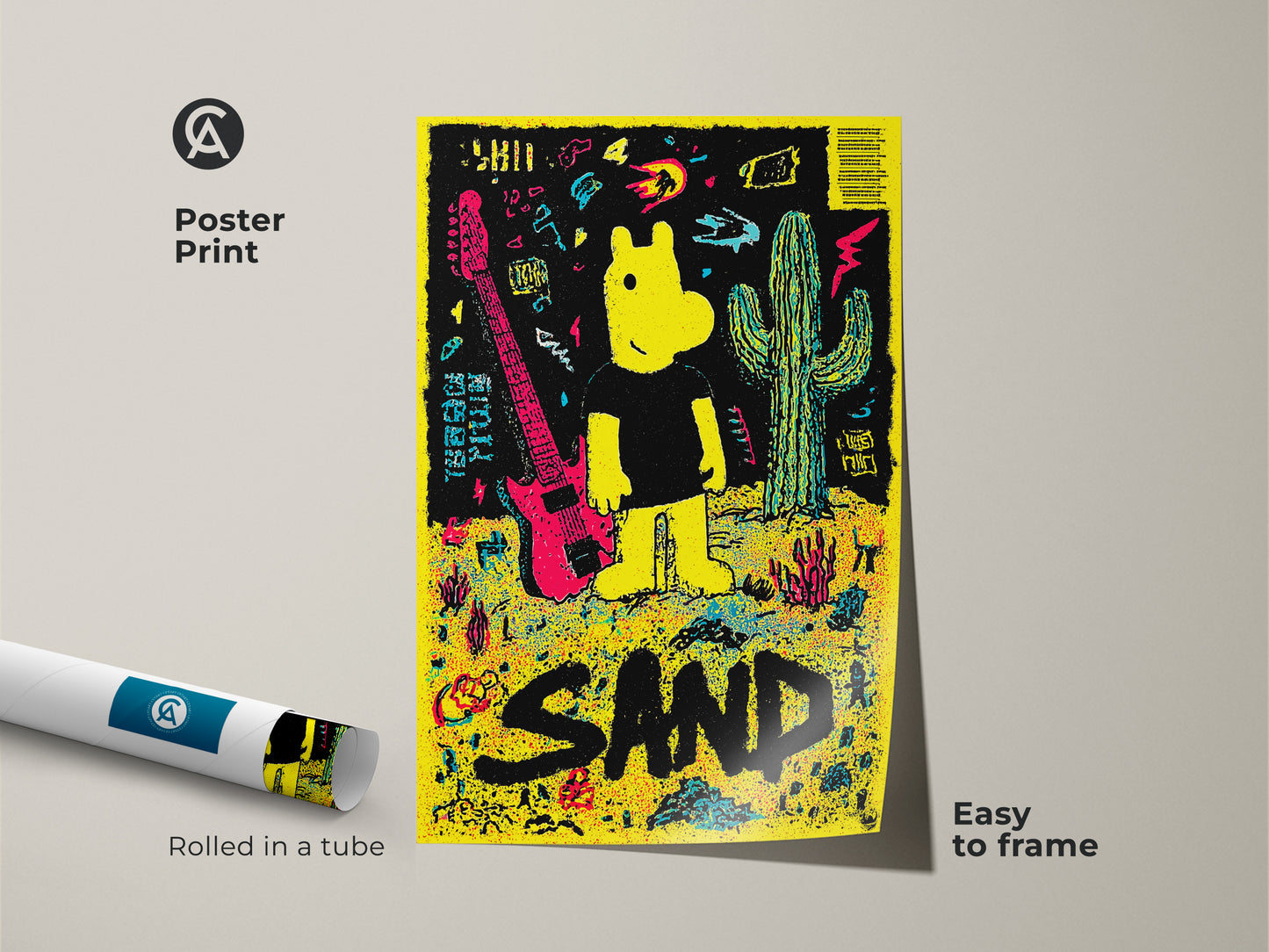 Poster print featuring a yellow cartoon figure guitar and cactus against a black background. The artwork spells out the word SAND in large black letters. The rolled poster is easy to frame for art display.