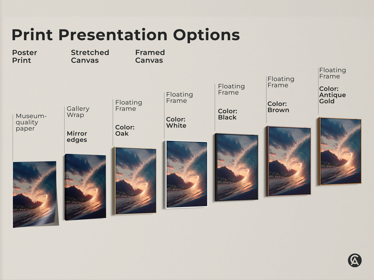 Explore print presentation options for ocean wave artwork. Choose from poster prints stretched canvas and framed canvas. Select a frame color that matches your decor. Find the perfect wave art for your home.