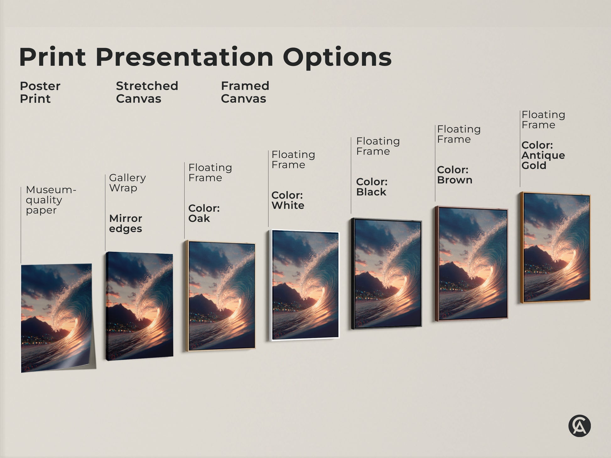 Explore print presentation options for ocean wave artwork. Choose from poster prints stretched canvas and framed canvas. Select a frame color that matches your decor. Find the perfect wave art for your home.