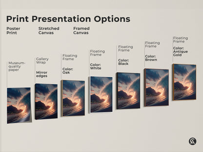 Explore print presentation options for ocean wave artwork. Choose from poster prints stretched canvas and framed canvas. Select a frame color that matches your decor. Find the perfect wave art for your home.