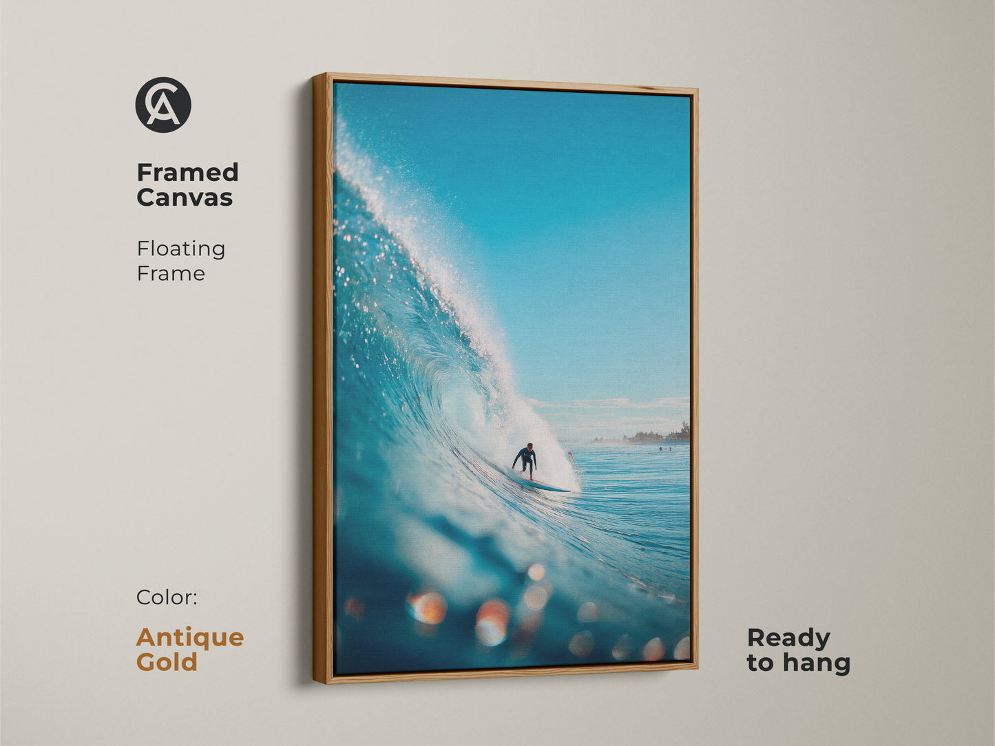 Eye-catching surf art in an antique gold framed canvas. A surfer is skillfully maneuvering a blue wave. The floating frame adds a touch of elegance. A ready-to-hang piece for coastal artwork.