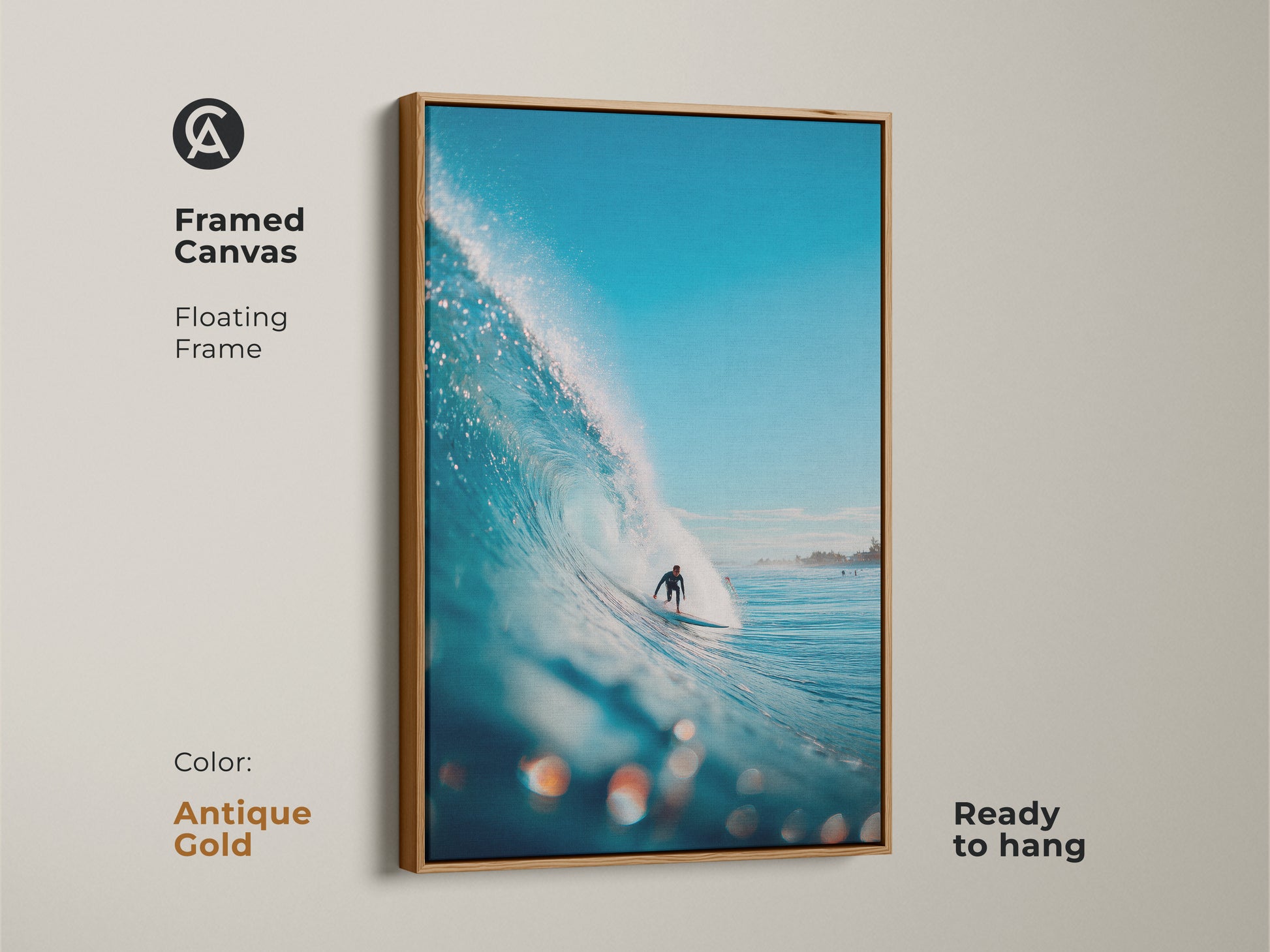 Eye-catching surf art in an antique gold framed canvas. A surfer is skillfully maneuvering a blue wave. The floating frame adds a touch of elegance. A ready-to-hang piece for coastal artwork.