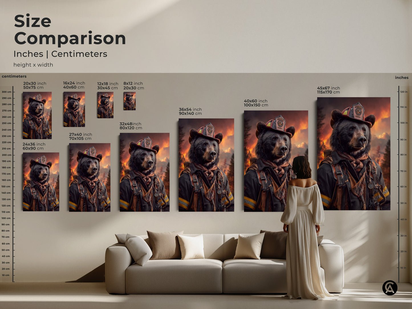 Size comparison of the heroic bear firefighter artwork. See how the canvas art fits above a couch. Available in various sizes to suit your eclectic home decor needs.