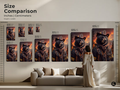 Size comparison of the heroic bear firefighter artwork. See how the canvas art fits above a couch. Available in various sizes to suit your eclectic home decor needs.