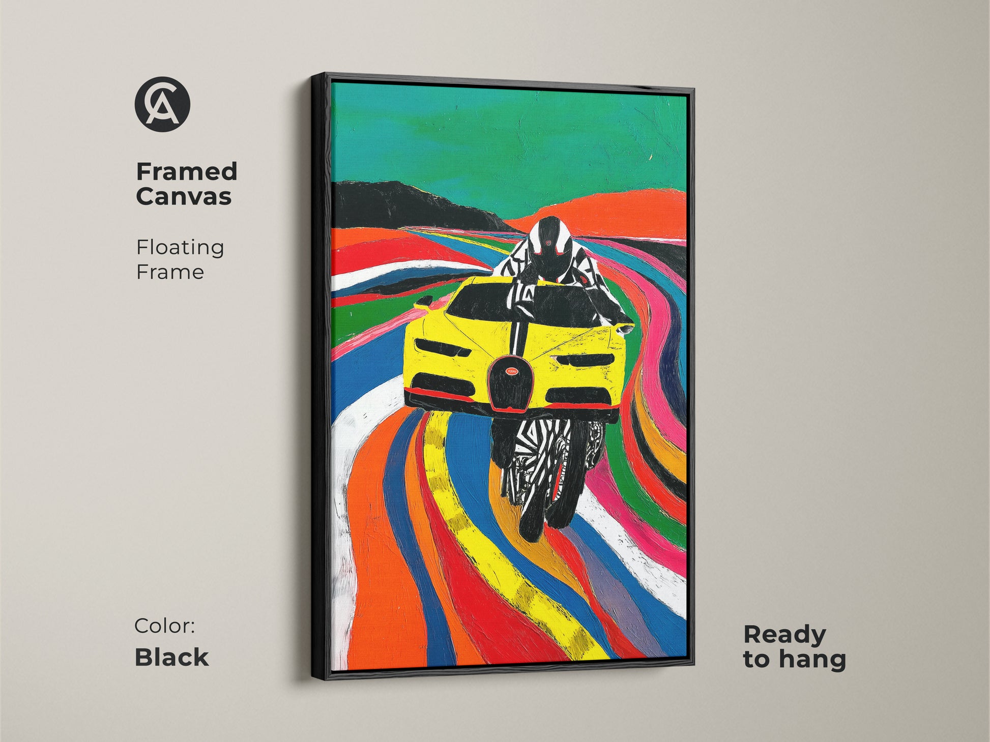 The framed canvas features a Yellow race car Pop art. The black floating frame adds a touch of sophistication. Ready to hang this automotive artwork is perfect for any wall. Its bold colors and abstract art style create a captivating piece. The contemporary artwork enhances any office or living room decor. Perfect for F1 fans.