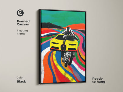 The framed canvas features a Yellow race car Pop art. The black floating frame adds a touch of sophistication. Ready to hang this automotive artwork is perfect for any wall. Its bold colors and abstract art style create a captivating piece. The contemporary artwork enhances any office or living room decor. Perfect for F1 fans.