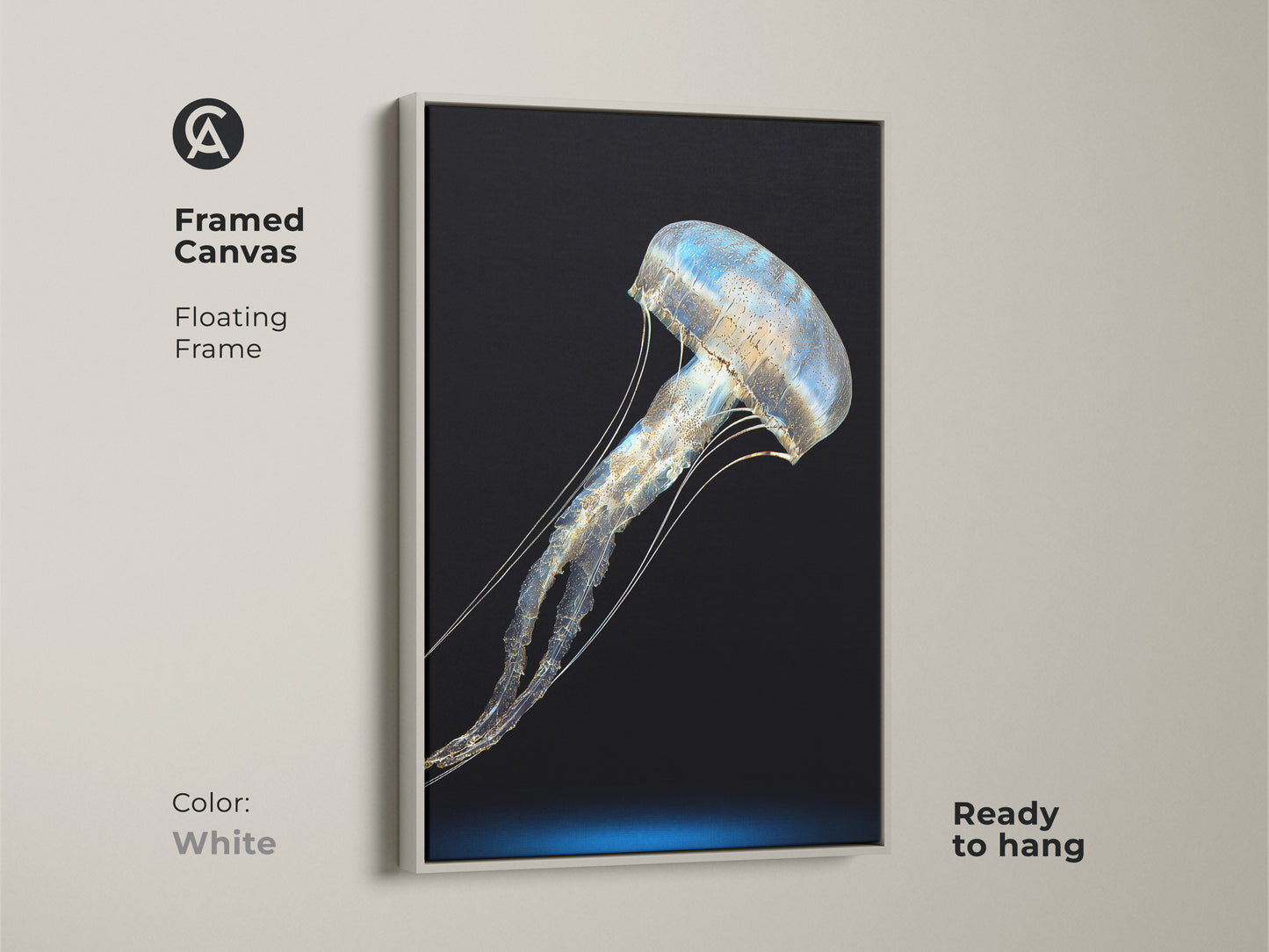 White framed canvas showcasing abstract jellyfish artwork. The floating frame highlights minimalist ocean art. Enhance your space with this ready to hang marine life artwork. A unique housewarming gift.