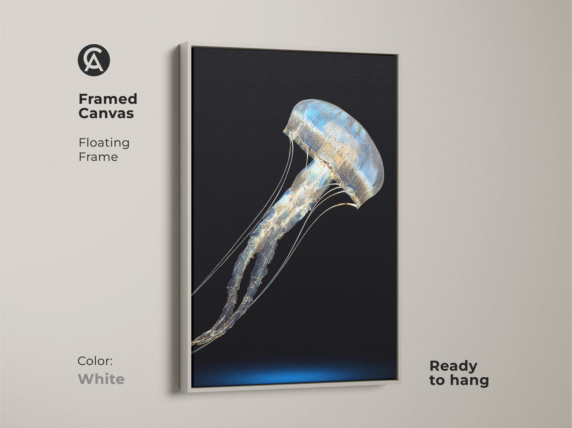 White framed canvas showcasing abstract jellyfish artwork. The floating frame highlights minimalist ocean art. Enhance your space with this ready to hang marine life artwork. A unique housewarming gift.